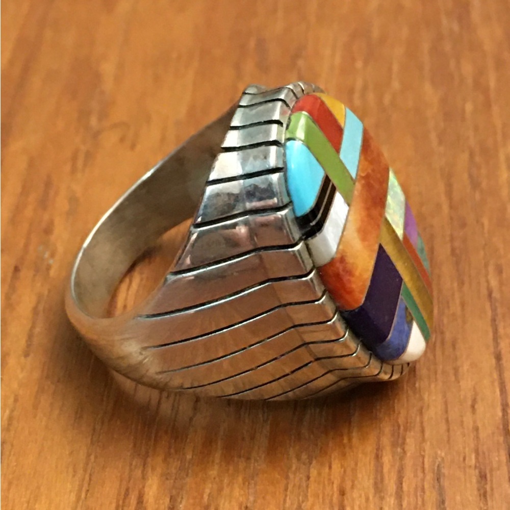 Native Silver Stone Inlay Ring Patchwork Mosaic O… - image 7